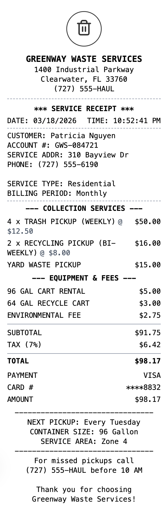 Waste Management Receipt example showing waste-management format with itemized list, totals, and payment details