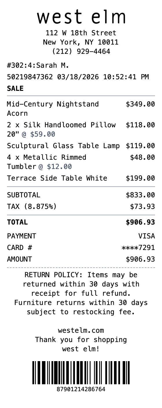 West Elm Receipt example showing west-elm format with itemized list, totals, and payment details