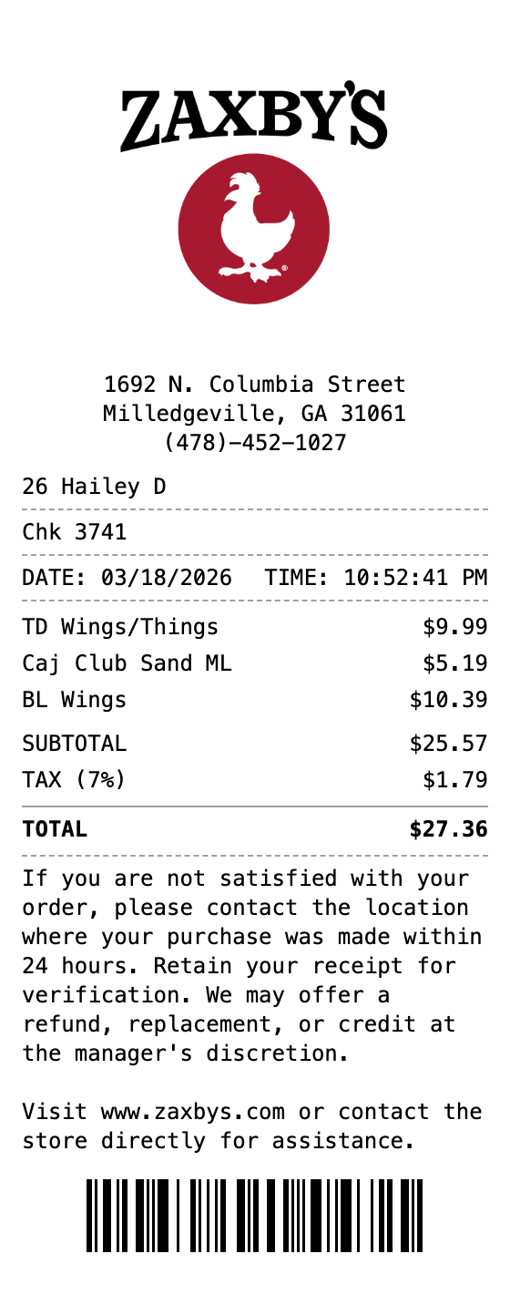 Zaxby's Receipt example showing zaxbys format with itemized list, totals, and payment details